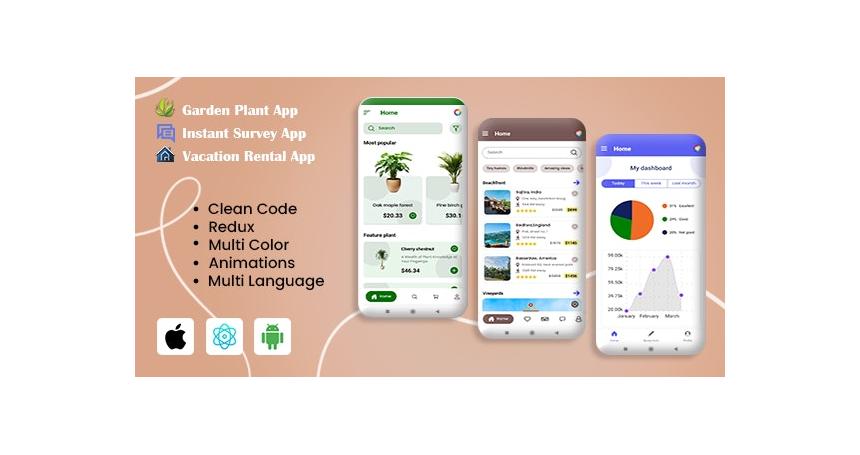 3 App Template | GardenPlants |Instant Survey |Vacation Rental React Native iOS/Android App Template