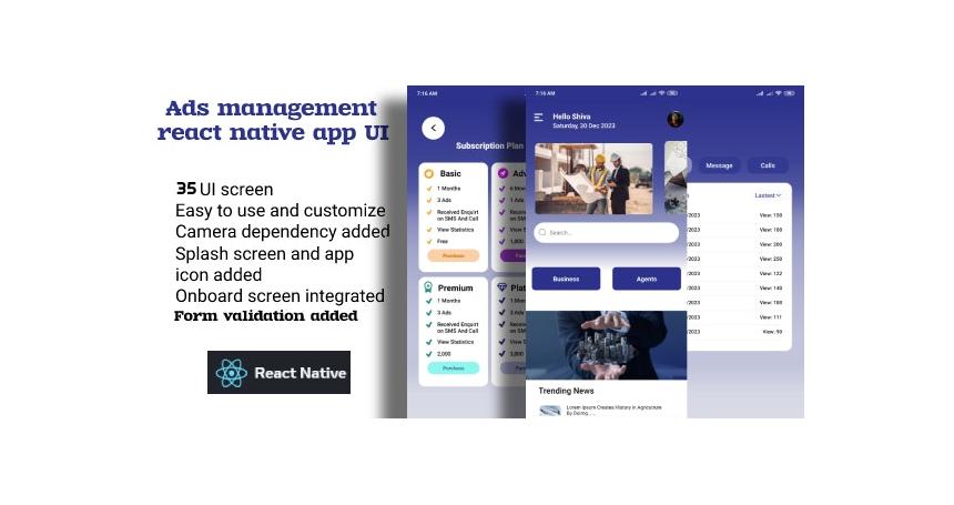 Ads management react native app UI - template