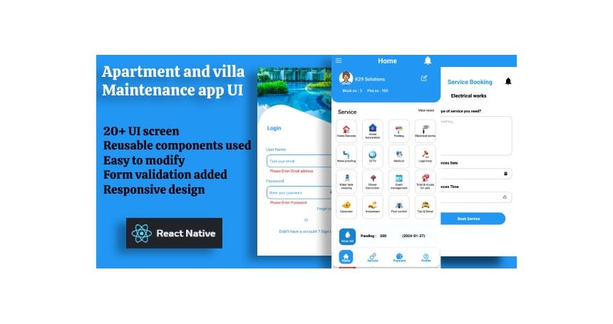 Apartment and villa Maintenance App UI template - React native