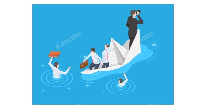 Business Team with Leader Sinking in Paper Boat