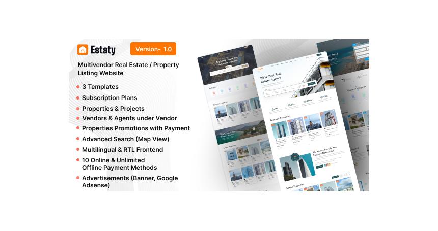 Estaty - Multivendor Real Estate / Property Listing Website (Subscription Based)