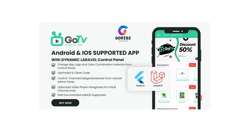 Go TV Live TV App Uisng Flutter for Android & IOS with web admin panel