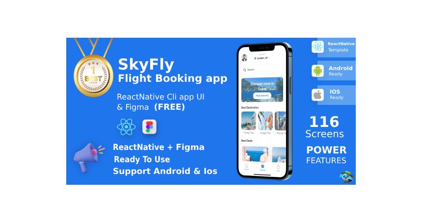 Online Flight & Hotel/Place Booking App | UI Kit | ReactNative | Figma FREE | SkyFly