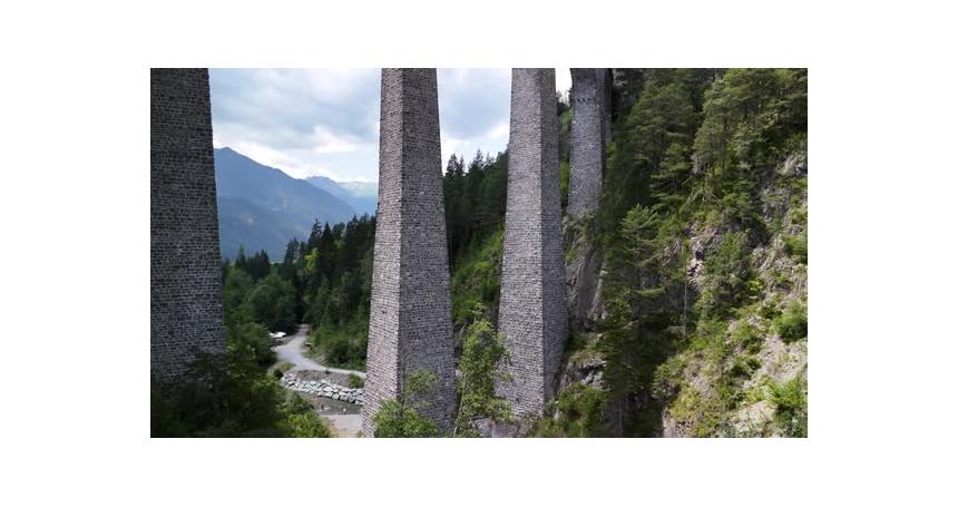 Train viaduct bridge Switzerland Swiss Alps mountain valley, Landwasser