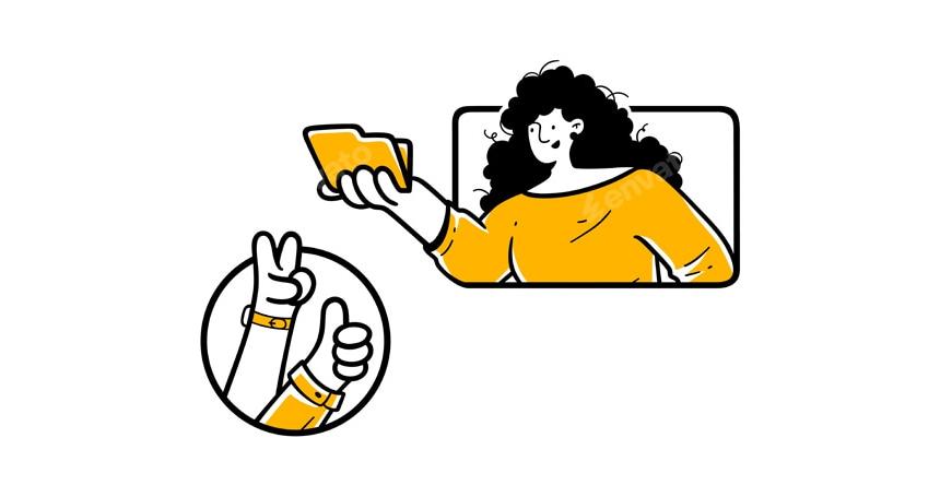 Woman handing over a folder, with thumbs up and peace signs, symbolizing teamwork and approval