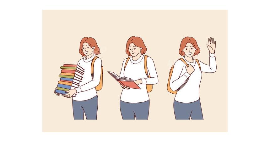 Woman Student with Stack of Books and Backpack